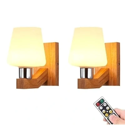 Afbeelding van KEFA Smiple Style batterij aangedreven wandlamp, geen bedrade wandkandelaar met afstandsbediening dimbare lamp, draadloze rustieke houten armatuur verlichting voor slaapkamer, trappenhuis, lounge, witte glazen shad