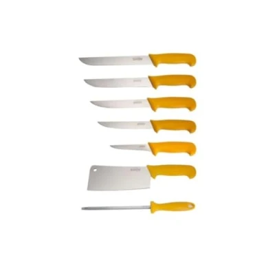 Afbeelding van Shov Slagermessen set 7 stuks. Vleesmes met hakbijl en aanzetstaal roestvrij staal, ergo grip