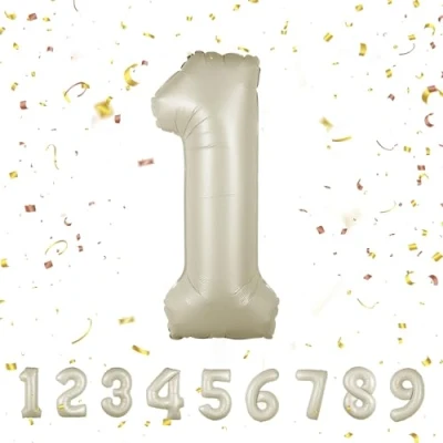 Afbeelding van Verjaardagscijfer ballon 1 jaar beige folieballon XXL enorme in 40 101 cm verjaardagsdecoratie cijfer decoratie voor verjaardag, vliegen met helium