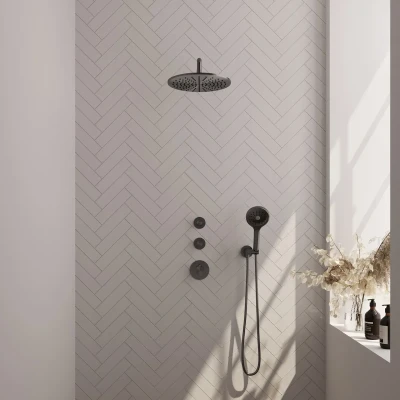 Afbeelding van Brauer Gunmetal Carving Regendouchesets inbouw hoofddouche 30cm Wandarm met inbouwdeel knoppen handdouche Rond 1 stand PVD