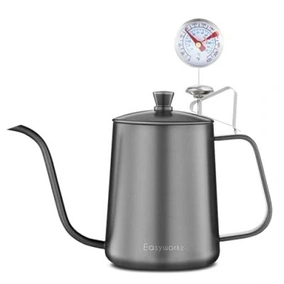 Afbeelding van Easyworkz Zwanenhals Giet Over Koffieketel 600 ml Met Thermometer, 304 Rvs Koffiepot Lange Smalle Uitloop (Zwart)