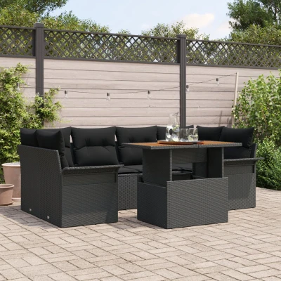 Afbeelding van vidaXL 7 delige tuinsofa set met kussens Zwart Poly Rieten Acacia