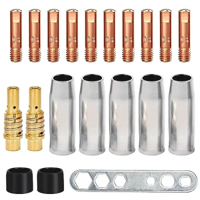 Afbeelding van Slijtageonderdelenset, 20 stuks lasaccessoires, MIG/MAG lasbranderset, slijtageonderdelenset voor MB15AK, 5 x gasmondstuk, 2 mondstuk, 10 stroommondstuk M6, 0,8 mm, isolator, 1