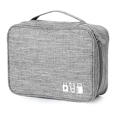 Afbeelding van AiQInu Kabeltas, universele kabelorganizer, tas, cubes, kabeletui, 2 lagen, waterdicht, verstelbare kabelorganizer voor mobiele telefoon, oplaadkabel, powerbank, USB sticks, SD kaarten, grijs,