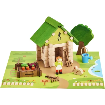 Afbeelding van De tuinmanshut 60 delig JEUJURA Natuurlijk houten constructiespel Inclusief mat en accessoires 22 x 18,5 8,5 cm