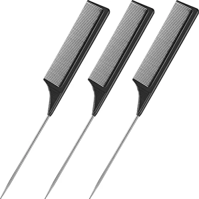 Afbeelding van zwarte koolstof lift nekwerk kammen met metalen zink, salon rug kammen, kam roestvrij stalen (til B, verpakking van 3 stuks)