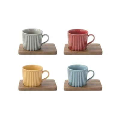 Afbeelding van Koffiekopjes set van 4 porselein 11cl schotels acaciahout geschenkdoos