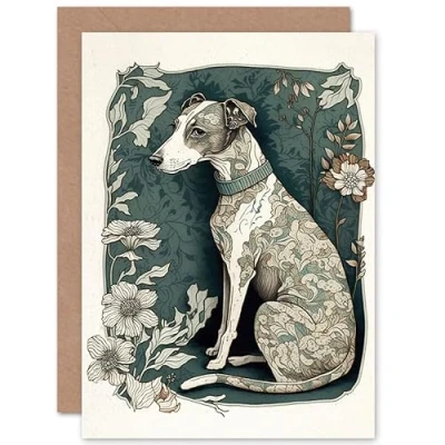 Afbeelding van Artery8 Whippet Dog with Floral Pattern Fur Coat Art Nouveau Inspired Watercolour Illustration Birthday Sealed Greeting Card Plus Envelope Blank inside