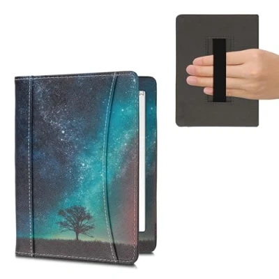 Afbeelding van kwmobile flip cover geschikt voor Kobo Aura H2O Edition 2 Hoes met handgreep en voorvak e reader Book case in blauw / grijs zwart Sterrenstelsel Boom design