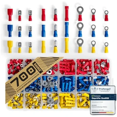 Afbeelding van BAURIX® Kabelschoenset Assortiment 700 stuks diverse maten Kabelbinderset voor kabeldoorsnedes [0,50 6mm²] Connector platte steekhulzen, ringkabelschoenen, ronde stekkers, stootverbinders