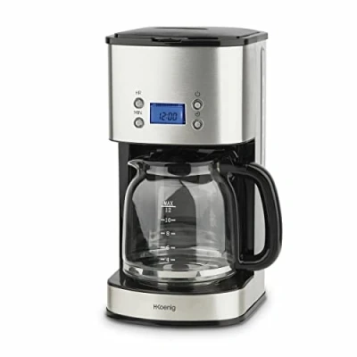 Afbeelding van H.Koenig Programmeerbare Filterkoffiezetapparaat MG30, Roestvrijstaal, 1,5L (12 kopjes), 1000W, Gegradueerde Glazen Karaf, Anti druppelsysteem, Warmhouden, Automatische Uitschakeling, Wasbare Filter