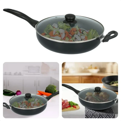 Afbeelding van Cheqo Aluminium Koekenpan Met Deksel Anti Aanbaklaag Inductie Geschikt Extra Handvat 28cm Voor Alle Warmtebronnen Soft Touch Lange Levensduur Bakpan Pan Stoomgat