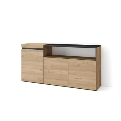 Afbeelding van Skraut Home Dressoir, Opbergkast Buffetkast, Sideboard 150x75x35cm 3 Deuren Woonkamer, hal Moderne stijl Eiken/Zwart