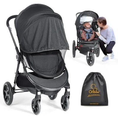 Afbeelding van Orzbow Universeel 2 in 1 Zonnescherm en Klamboes voor Kinderwagen,Duurzaam Zonnezeil Wandelwagen met UPF 50+,Stabiel Muskietennet Buggy Rits,Kwaliteitsdicht Gaas,Sterke Steun (Zwart)