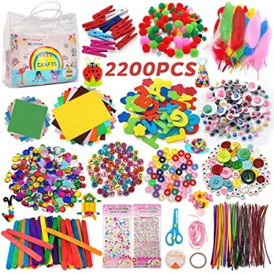 Afbeelding van Withosent Knutselpakket voor kinderen, 2200+ stuks, zelfmaakset, knutselkoffer, knutseltas, knutsel accessoires, knutselspullen, knutselpapier, knutselmateriaal, knutselbenodigdheden, scrapbooking, pijpenragers, pompons, kralen