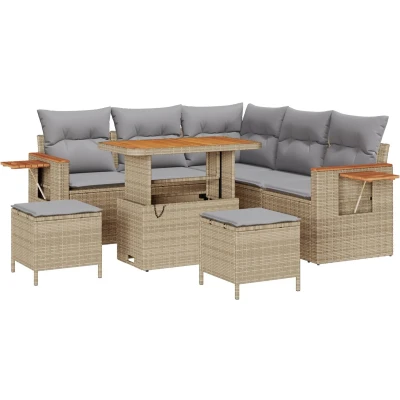 Afbeelding van vidaXL 8 delige Tuinsofa Set met Kussens Beige Poly Rattan Acacia, 3 Tuin Eet Acacia