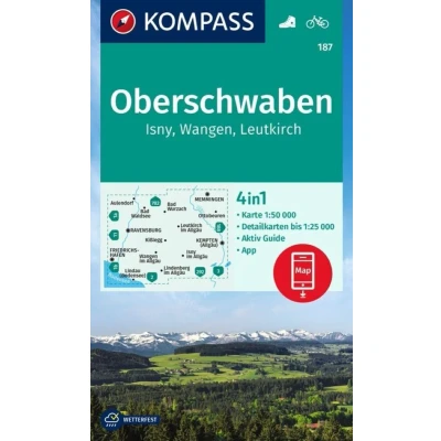 Afbeelding van 187 oberschwaben isny wangen leutkirch: 4in1 Wanderkarte, mit Aktiv Guide und Detailkarten inklusive Karte zur offline Verwendung in der KOMPASS App. Fahrradfahren.