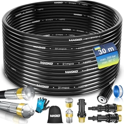 Afbeelding van MASKO® Premium pijpslangset rioolreiniger 30m, 200 bar incl. tas 3 adapters 2 mondstukken + rotatie compatibel met Kärcher k2 k7 LAVOR hogedrukreiniger universele pijpenreinigingsset handschoenen