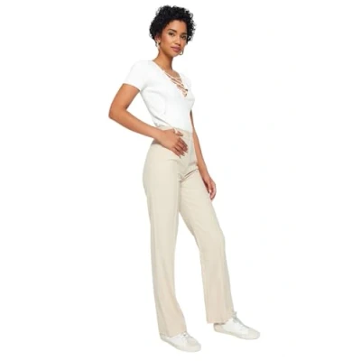 Afbeelding van Trendyol Vrouwen hoge taille Direct Mink rechte snit geribde gestikte geweven broek TWOSS21PL0093
