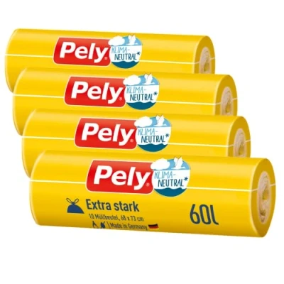 Afbeelding van Pely Trekkoord vuilniszakken extra sterk voordeelverpakking (4 x 10 stuks), geel, voor de verwijdering van restafval (60 liter)