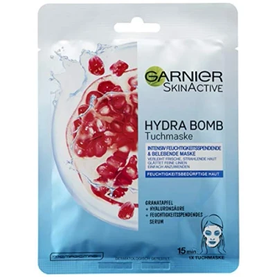 Afbeelding van Garnier Hydra Bomb doekmasker, gezichtsmasker met hyaluronzuur, Granaatappel en vochtinbrengend serum, 1 x 32 g blauw