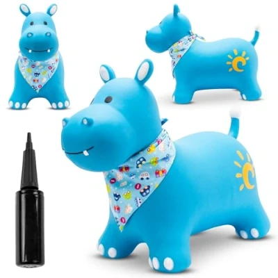 Afbeelding van Springdier met pomp 1+, springpaard, springhond, max 50kg vanaf 1 jaar, verschillende dieren en kleuren (Blauw nijlpaard bandana)