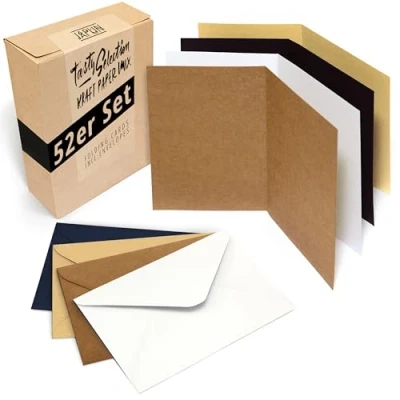 Afbeelding van Japun Set van 52 blanco vouwkaarten inclusief enveloppen, om te ontwerpen, labelen of printen DIN A6 / C6 kraftpapier mix
