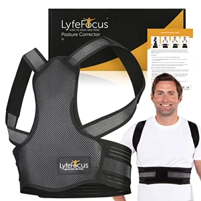 Afbeelding van LyfeFocus S1 Back Houding Corrector voor Mannen en Vrouwen Bovenrug ondersteuning, Rugbrace, Rugstijltang, Zorgen Effectieve Correctie nek , schouder rugpijnverlichting (zwart, groot)
