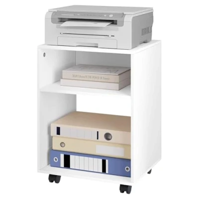 Afbeelding van EUGAD Druktafel met wielen, remmen, mobiele printerstandaard 2 open vakken, printerkast wit op hout, 40 x 55 35 cm, printerrek, printerhouder voor kantoor, 0008CTG