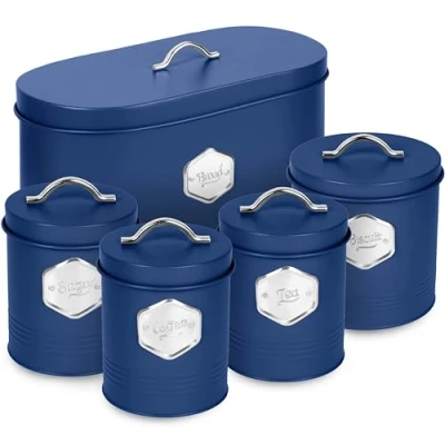 Afbeelding van HEFTMAN blauwe keuken bus set stijlvolle 5 delige opslag voor brood, koekjes, suiker koffie thee luchtdicht, gelabelde containers accessoires (5 stuks)