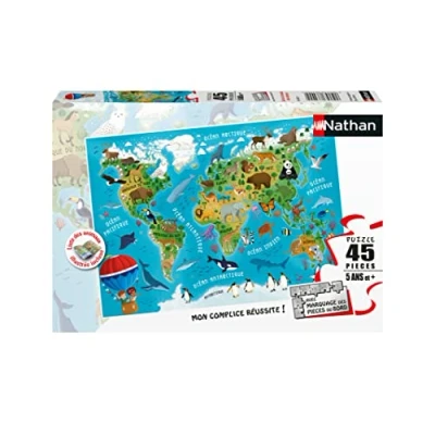 Afbeelding van Nathan 86174 Kinderpuzzel, 45 delen, dierenwereldkaart, meisjes of jongens vanaf 5 jaar, hoogwaardige puzzel, dik, duurzaam karton, dieren