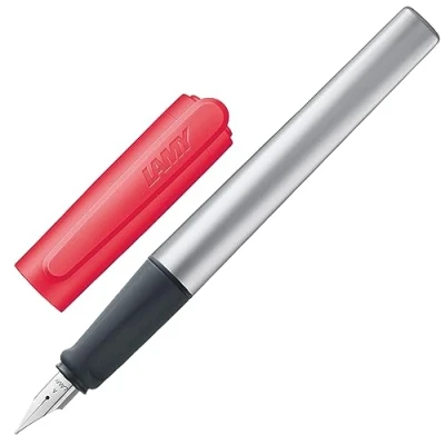 Afbeelding van LAMY nexx lichte, stabiele vulpen 0D5 van aluminium met dop in neonkoraalrood anti slip handvat en roestvrijstalen veer veerdikte M, ideaal voor beginners, school of universiteit