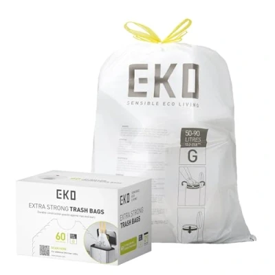 Afbeelding van EKO Easy Dispense Roll van 60 Count Extra Sterke Trekkoord Keuken Vuilniszakken 21 Gallon (79,5L) pack, Wit, EK33707B