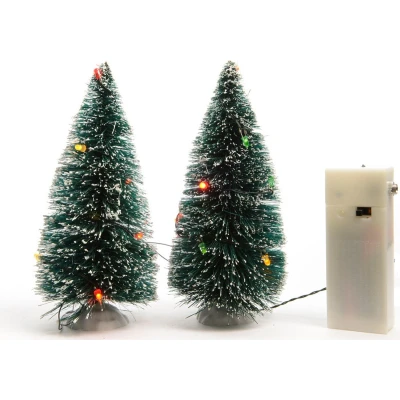 Afbeelding van 2x stuks kerstdorp onderdelen miniatuur boompjes met gekleurde verlichting 15 cm Kerstdorpen