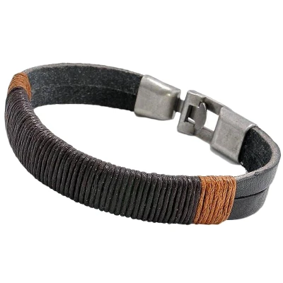 Afbeelding van Rhylane Stoere Heren Armband Voor Mannen Metalen Sluiting Zwart Leder &amp; Bruin Touw 20 cm