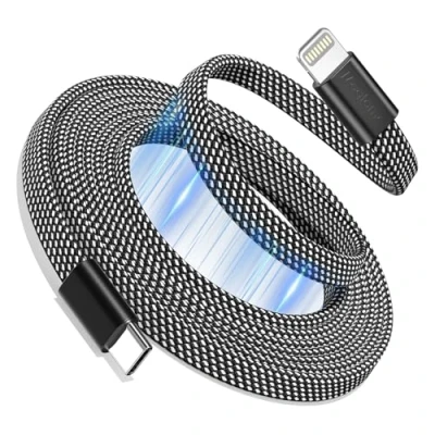 Afbeelding van Magtame Magnetische USB C naar Lightning kabel voor telefoon, 1 m, gecoiled oplaadkabel, snel opladen, MFi gecertificeerd, platte intrekbare kabel, gevlochten, compatibel met iPhone 14, 13, 12, 11