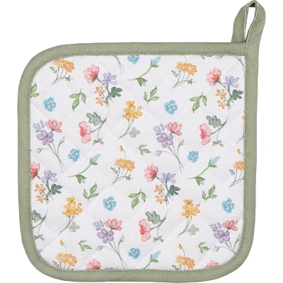 Afbeelding van Clayre &amp; Eef Pannenlap 20x20 cm Wit Groen Katoen Vierkant Bloemen