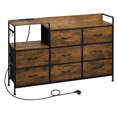 Afbeelding van WOLTU ladekast met 8 laden van stof, stoffen stopcontacten, voor slaapkamer, woonkamer, hal, gemaakt metalen frame hout, vintage houtlook zwart, SSK007hov