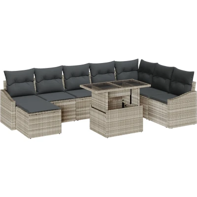 Afbeelding van vidaXL 9 delige tuinsofa set met kussens lichtgrijs poly riet