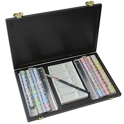 Afbeelding van LUKAS 1862 Aquarell Half Pan Houten Box Set, 70 x in diverse kleuren, ideaal voor professionele aquarelkunstenaars