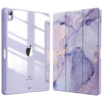 Afbeelding van Fintie Hoes iPad Air 11 inch 2024 M2 / 6e 2024, 5e/4e 10.9&quot; met Pen houder, draadloze oplaadfunctie Transparant Harde Beschermhoes Zachte TPU Rand Bumper Goudlila marmer