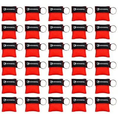 Afbeelding van HENGBIRD Beademingsmasker, sleutelhanger, CPR gezichtsschild, eerstehulp, beademingsmasker voor volwassenen en kinderen, nooddoek, zakmasker eerste hulp of AED training, rood, 30