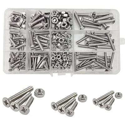 Afbeelding van M4/M5/M6 Cross Verzonken 304 Roestvrijstalen Machine Schroeven Bouten en Moeren, 204 Stuks Platte Kop Moeren Assortiment Set Kit (16/25/30mm)