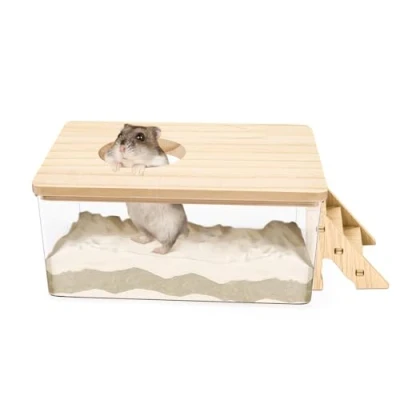 Afbeelding van hamster zandbad, vijfhoekhamster, zandbak met klimladder, grote acryl graafkist houten deksel, zandbad voor hamsters en kleine dieren (rechthoek)