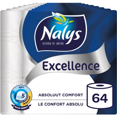 Afbeelding van Nalys Excellence Maxi vellen Wit Toiletpapier 5 Lagen 64 Rollen Papieren Verpakking
