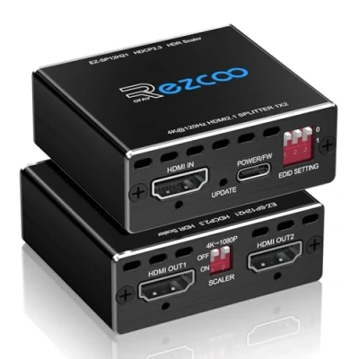 Afbeelding van 4K 120Hz HDMI 2.1 Splitter 8K 60Hz 1 in2 out VRR ALLM HDCP2.3 HDR10 8KUHD Dolby Vision Atmos Scaler EDID 1080P Dual Monitors ingang 2 uitgangen for PS5 SkyQ Xbox NVIDIA AMD