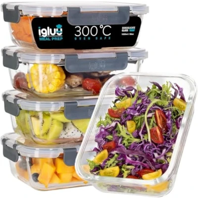 Afbeelding van Igluu Meal Prep Glazen bewaardozen met deksel (5 st.) Herbruikbare maaltijdprepkcontainers Geschikt voor magnetron, oven, vriezer &amp; vaatwasser Lekvrije voedselcontainers (1050ml 36oz)