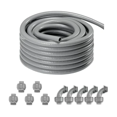 Afbeelding van VEVOR 1/2 inch flexibele elektrische leiding, 30,5 m, PVC vloeistofdichte buis niet metalen met 5 rechte en 90 graden buisconnectorfittingen, voor airconditioning motor controller pomp, IP65
