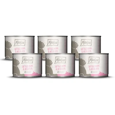 Afbeelding van MjAMjAM premium natvoer voor katten sappige kip en wilde zalm, pak van 6 (6 x 200 g), graanvrij met extra vlees