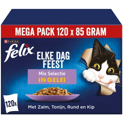 Afbeelding van Felix Multibox Elke Dag Feest Mix Selectie In Gelei Kattenvoer Rund Tonijn Kip 120x85 g
